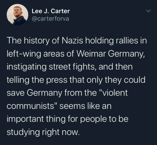 closet-keys:[ID: Tweet by Leeee J. Carter @carterforva reading, “The history of Nazis holding rallie