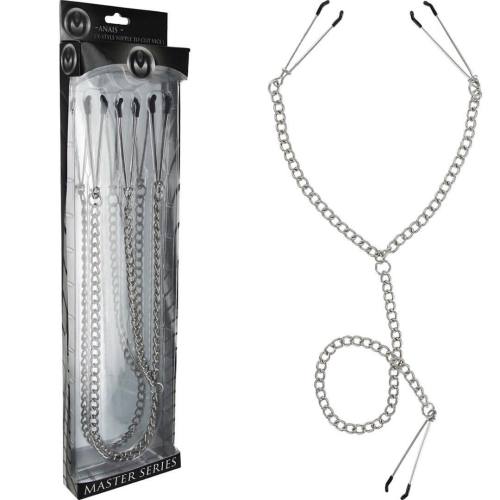 The Anais Y Style Nipple to Clit Set.                                   Connect her most sensitive areas together. These clamps have vinyl-coated ends, linked chain, and a sliding ring to adjust the tightness anywhere from just enough to hold them on