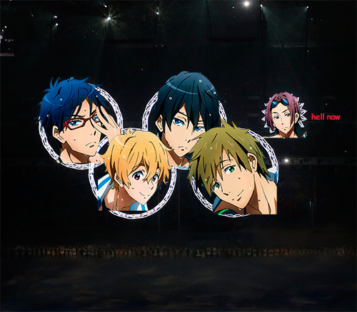 wafflesex:  So remember when Free! first came out and people were talking about how the five main boys each represented a ring of the Olympic logo because of their color?  And you know how this glitch happened in Sochi at the Winter games opening? When
