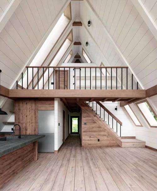 upknorth:Wood and white open concept a-frame mountain cabin. Perfect interior design by @ayfraym #up