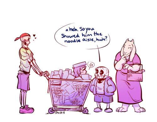nostalgia-phantom: Skelebros, goatmom and child go grocery shopping and Papyrus discovers the joy o