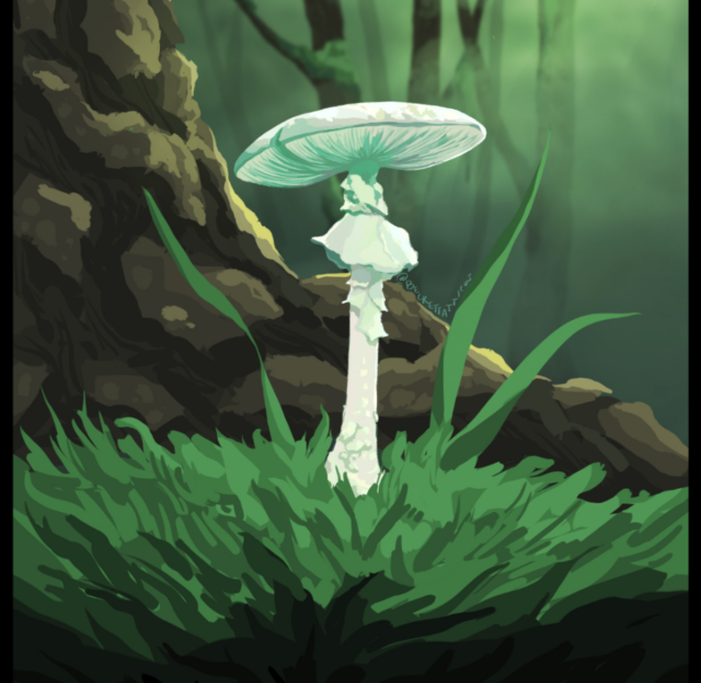 A digitally painted tarot card - Death, number 13. Pictured is an Amanita bisporigera, the Destroying Angel - a white mushroom at the base of a huge tree, in a lush, green forest. Light filters through the air & illuminates the scene.