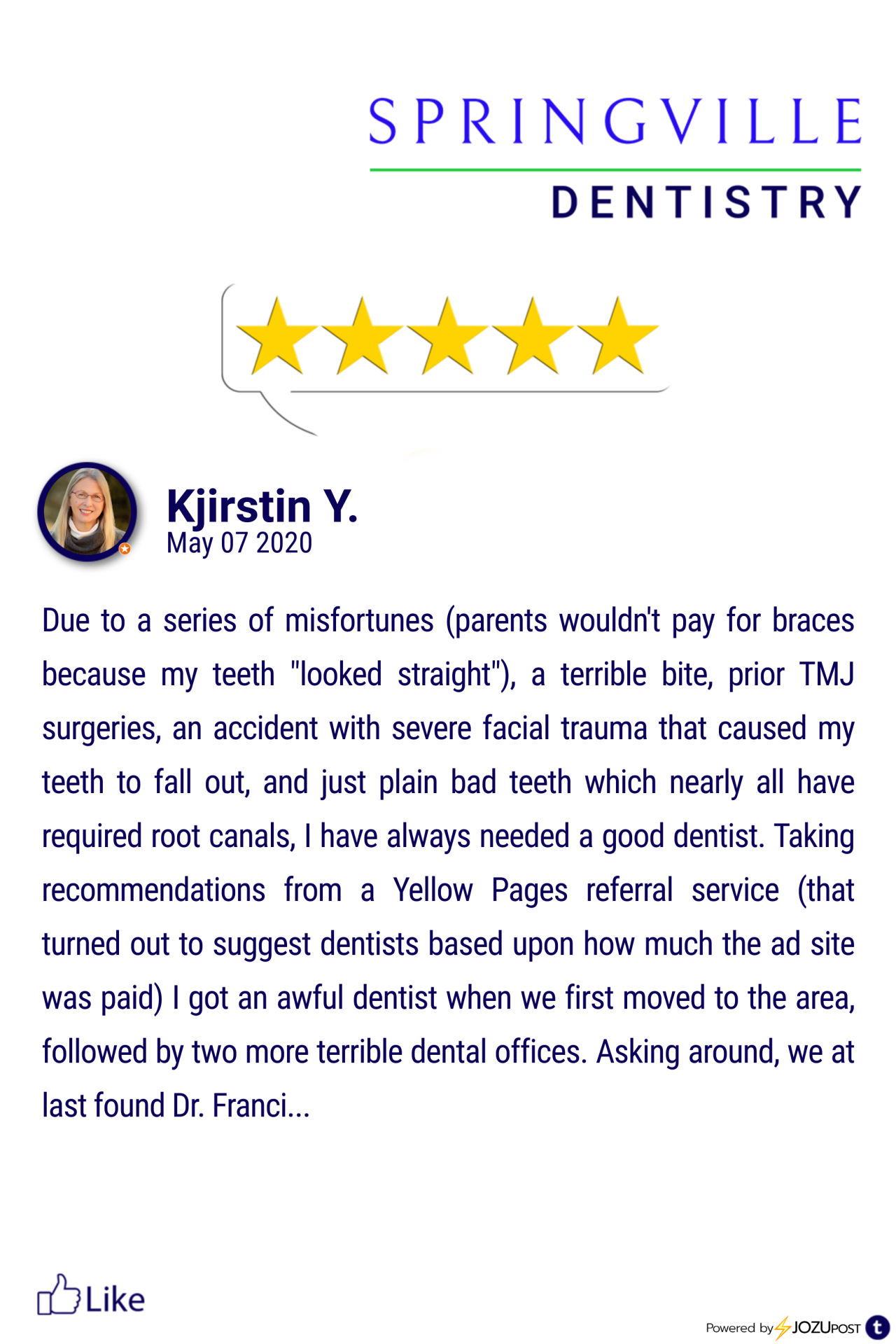 We appreciate our patients!
Here is our latest Five-Star Review from Kjirstin Y. We love to recognize those patients that take the time to fill out a review and let us know how we are doing.
Here is what Kjirstin Y. had to say: “Due to a series of...