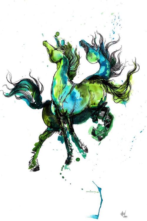badhouseillustration: Two Blue Horses, watercolor &amp; pen and ink by Heather Wall  Hi eve