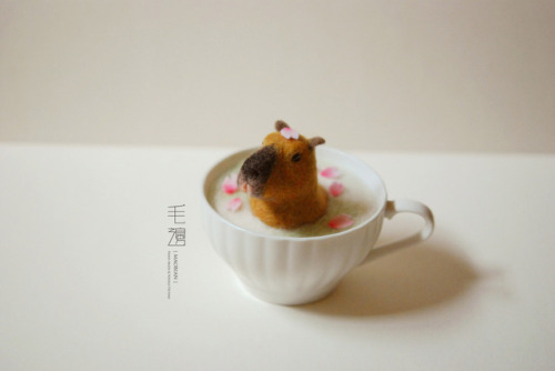 Capybara Japanese Cherry au Lait  ▋Little Animals in the Cup of SoupSculpture 12 x 10