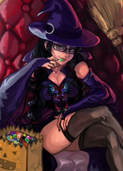 artofcelle:  Bayonetta in a generic witch costume eating Halloween candy.  Am I looking  forward to Halloween you ask?  Yes, yes I am. 