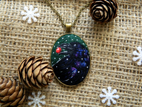 The elegant dark necklace &ldquo;Black raven with red berry&rdquo; with painting micro embroidery on