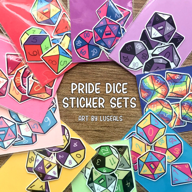 Promotional photo of nine sets of polyhedral dice stickers designed in the colors of multiple pride flags. They are arranged in rainbow order in a circle surrounding text that reads “Pride Dice Sticker Sets [by] Art by Luseals.” The pride flags represented include the rainbow, bisexual, asexual, pansexual, aromantic, nonbinary, transgender, and lesbian flags.