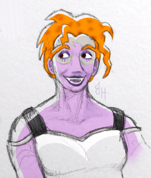 a drawing of a bust of Mouse from ReBoot. She's looking to the side and smiling with her teeth showing.