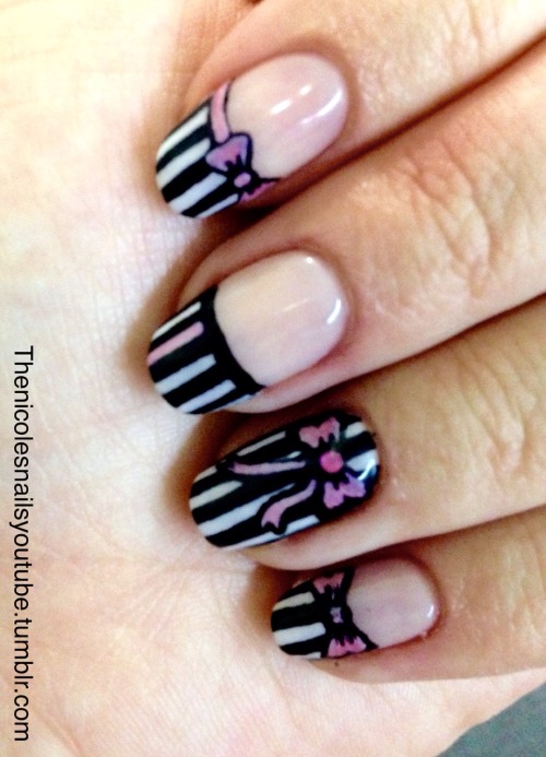 Black and white stripes, french manicure nail art.