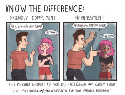 lacigreen:  i can’t tell you how many times i’ve spoken up about harassment only to be told to “learn to take a compliment”.   since when do “compliments” intrude on my space?  what kind of “compliment” makes a person feel unsafe or