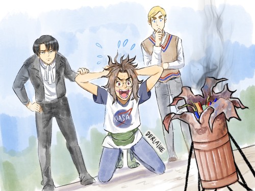 Some Attack on Titan Middle School / High School AU sketches. I had a lot of fun drawing uber-nerd H