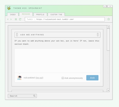 vulcankind: Theme #20: Spearmint Features 450px posts Up to 4 custom links Optional: search bar, tin