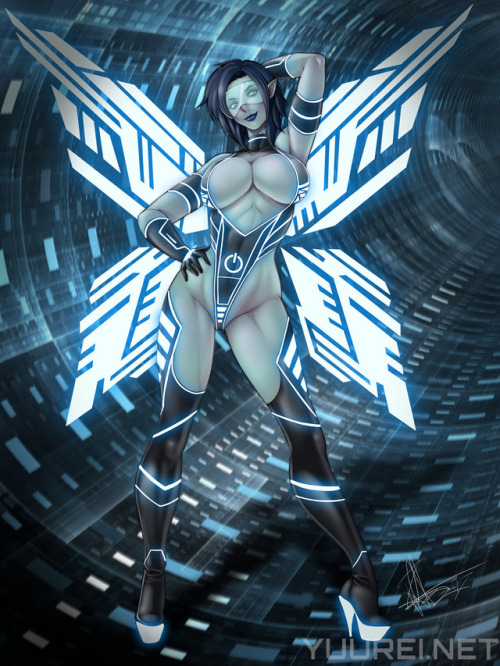This is a recent commission for jkrolak on DA of his Tron inspired fairy, Leah. This was done entire