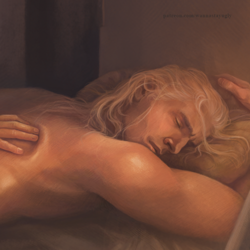 wannastayugly:Details. “Touch me” (aka Bottom!Geralt covered in oils), commissioned by d