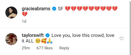 Taylor liked and commented on Gracie Abrams’ Instagram video (March 9th 2022)