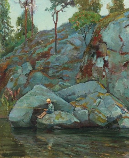 Angle fishing    -    Vaino Hamalainen *Finnish, 1871-1940Oil on canvas, 28.35 in. (72.00 cm.) x 23.