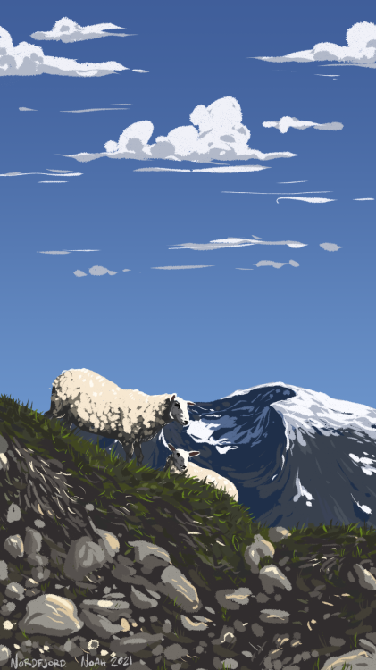 ultrasopp:illustrated this for class a couple weeks ago! ref from a photo i took last summer[ID: semi-realistic illustration of two sheep standing on a green moss-covered hill. behind them is a mountain peak partially covered in snow, a light blue sky