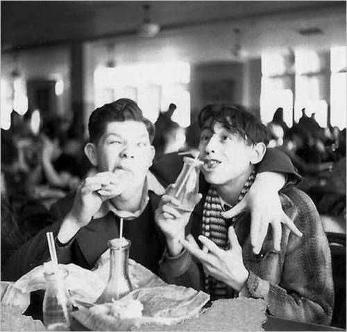 historicaltimes:Future ‘Mad Magazine’ artists Al Jaffee and Will Elder, in the lunchroom