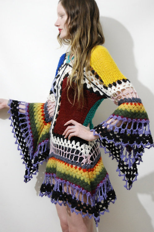 Colourful crochet bell sleeve dress by Crux and Crow