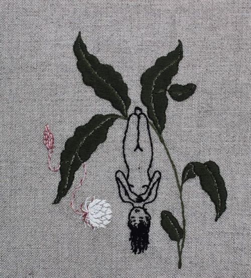 Queen of the Night (Epiphyllum oxypetalum), blooms rarely and wilts before dawn.Hand embroidery on n