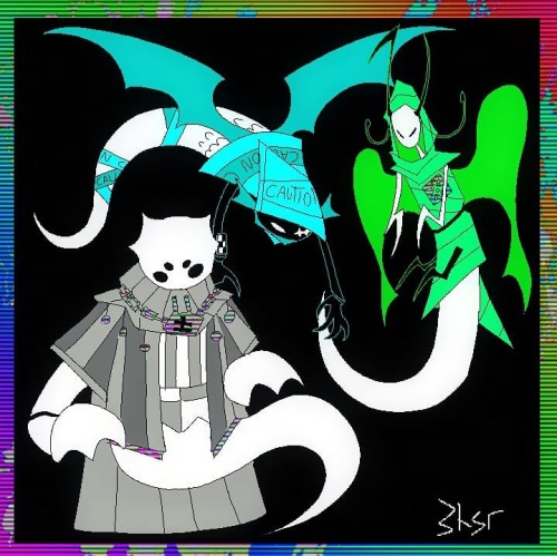 Three drawings, one of ARDragonsprite (a combination of Aimless renegade and Dragonsprite), one of WKCrabsprite (a combinationof Writ Keeper and Crabsprite), and one of WQMothersprite (a combination of Windswept Quesant). They are fully drawn, with a black background and a rainbow like border.
