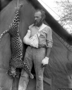 rockyp77: middidg777:  atomic58-blog:   Carl Akeley, American Taxidermist. The leopard ambushed him, crushed his left hand, and scratched up his chest with its back claws. He punched down its throat, body slammed it, and crushed its windpipe with his