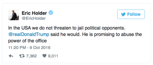 tyleroakley:  micdotcom:  Former US Attorney General Eric Holder shuts down Trump for threatening to jail Clinton In a rare series of tweets, former United States Attorney General Eric Holder slammed Donald Trump for threatening to abuse presidential