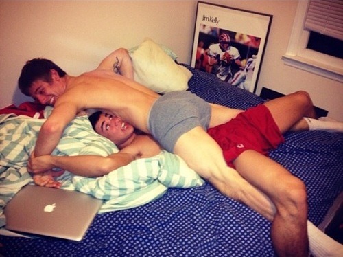 bromocollegestud: Horsing around with my one bro always leads to something