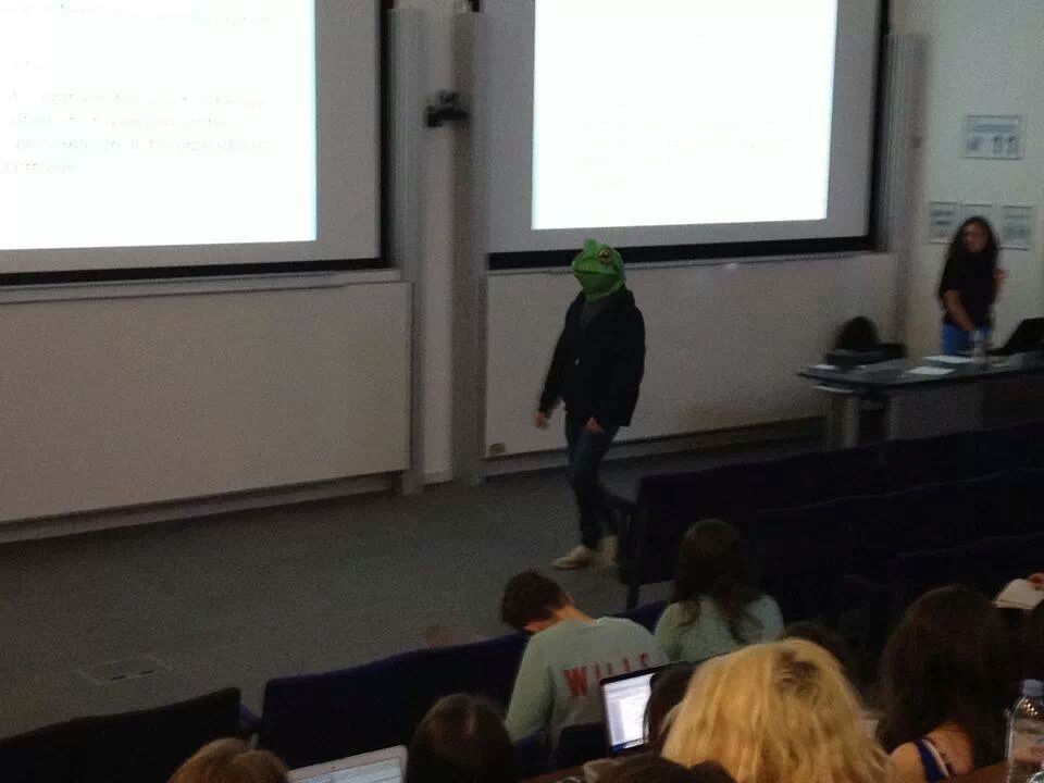 chessys:  a guy in a frog mask just broke into my lecture and is casually catwalking