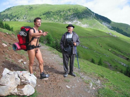nakedexercise:Naked countryside hiking.Remember, when free-hiking and meeting clothed hikers, don&rs