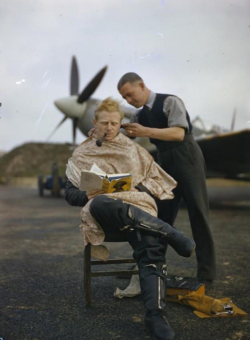 beatonna:  historicaltimes:  An Royal Air Force pilot getting a haircut during a break between missions, Britain, 1942.  now this, makes me think of this episode of QI where they talk about what accents pilots had in WWII, the idea of the Oxford Scholar