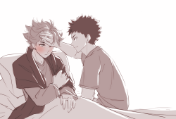 pussycat-scribbles:  Iwaoi headcanon: Oikawa is an absolute nightmare when he gets sick. Having to stay in bed makes him whiny and clingy and he resents not being able to practice with the team. Iwaizumi is very strict about him staying put, though, and