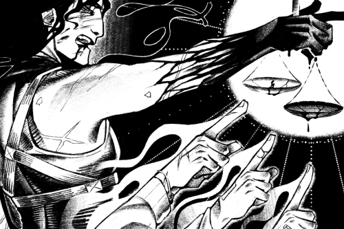 Black and white drawing of a scene from chapter 397 of Omniscient reader's viewpoint. It depicts Jung Heewon's Attribute evolving. She is pointing at the Demon Kings out of the frame, holding the scales of judgement in the same hand. The scales are leaking blood. Under them are three hands - Lee Jihye's, Lee Gilyoung's and Shin Yoosung's - all pointing in the same direction, supporting Jung Heewon's decision to activate Hour of Judgement.