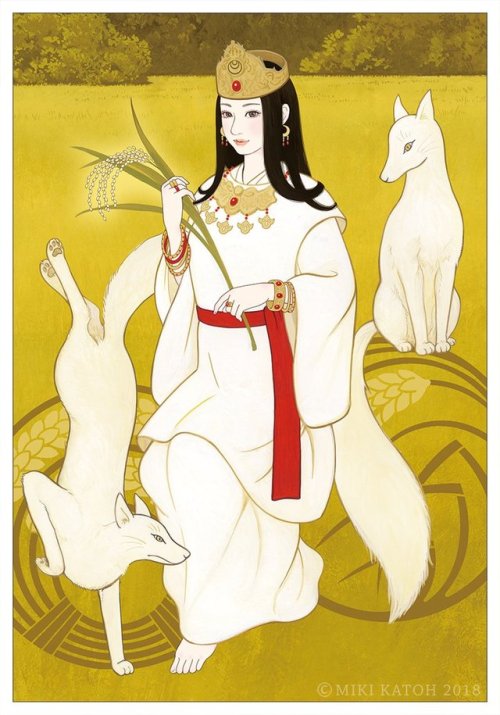 Tatsutahime (Autumn goddess) and Ukanomitama (Spirit of rice), beautiful illustrations by Miki Katoh