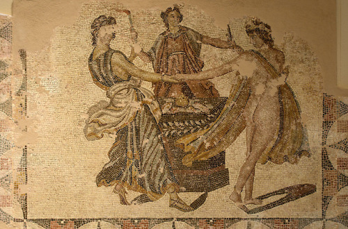 via-appia:Mosaic of the Three Graces dancing, from the Roman villa in Patras, Greece, c. 3rd century