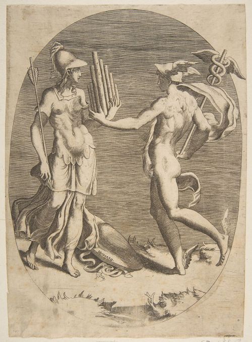 the-evil-clergyman:Mercury Presenting a Panpipe to Minerva by Giulio Bonasone (1531-76)