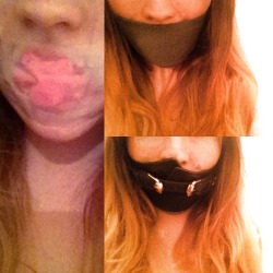 wetcherryblossom:  Gag fun in stages!  1) Panty gagged and taped  2) Material gag to cover  3) Belt to finish off