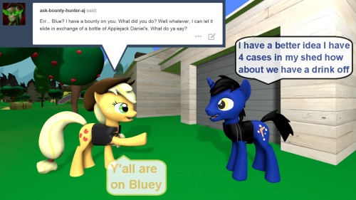 ask-the-out-buck-pony:  Asked by ask-bounty-hunter-aj / kukotte   >w<!