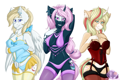 manestreamthings:  Finished this commish for my awesome friend Kukotte (also known as BHAJ)! Two of her girls, Jet and Starry (from the left), and her friends character, Creme (right). I’m really lovin’ how this came out! :3 If you like what I do,