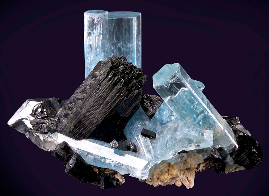 fuckyeahmineralogy:  Aquamarine with Schorl Tourmaline on Albite matrix; Erongo Region,