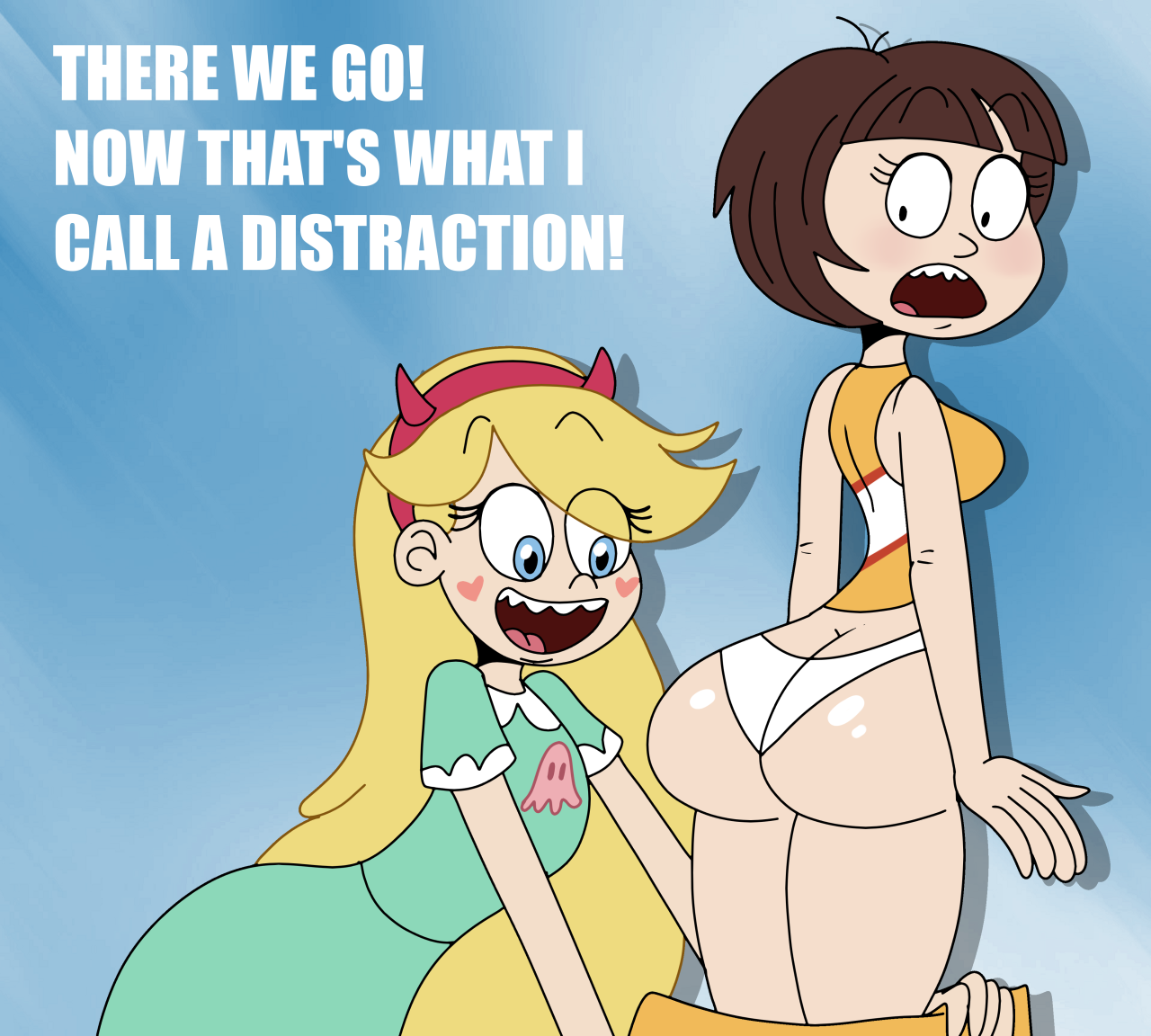grimphantom:sb99stuff:Star Butterfly pulling down Chantelle’s skirt down to prove