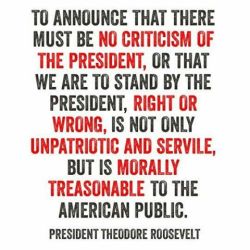 profeminist:      “To announce that there must be no criticism of the President, or that we are to stand by the President, right or wrong, is not only unpatriotic and servile, but is morally treasonable to the American public.”  - President Theodore