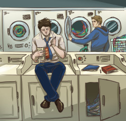 unbearable-bear: boxpolice requested Dean and Cas in college meeting for the first time in a laudromat at 2am.  probably much less romantic than you imagined, but it’s 4am! reminder that i love requests and will be taking any that strike my fancy for