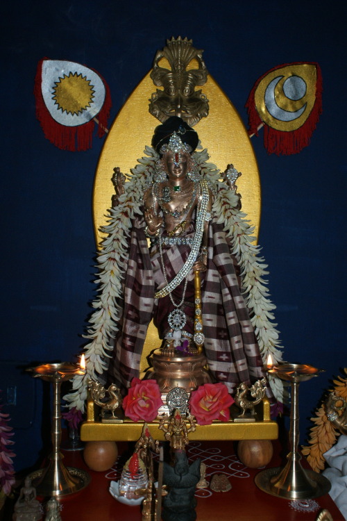 Sri Perumal at Vamana Dvadasi, with Saraswati and ganesha, my household shrine.