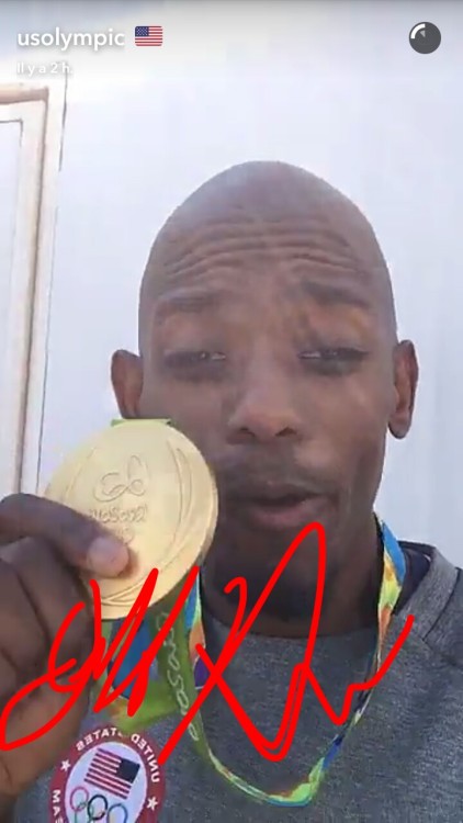 Jeff Henderson with his Olympic Gold medal on usolympic snapchat. 