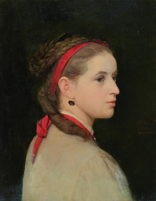 Albert Anker - Girl with red hair ribbon (1868)