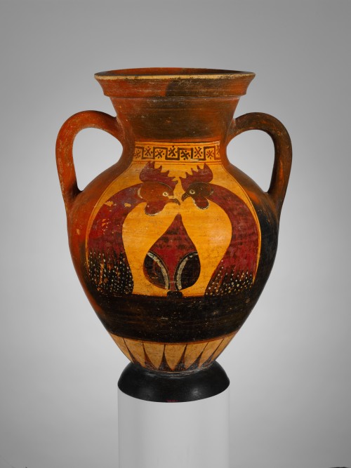 Amphora decorated with two roosters flanking an ivy leaf. c. 540 - 530 B.C.; terracotta. Attributed 