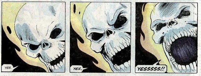 the meme of a three-panel comic of a skull on fire. in each panel he says the word yes and in the last panel he screams it like YEEEEESSSS