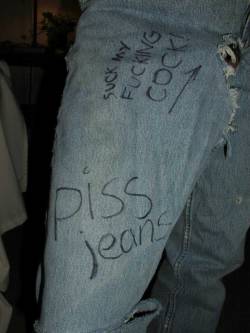 jeawhiz:  Changed back into my ripped up Gap jeans Piss after cumming always feels so good! 2001. 